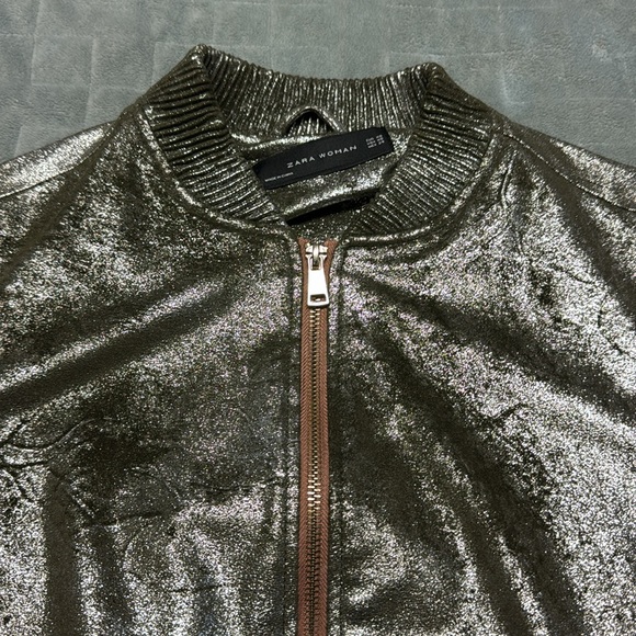 Zara Bomber Jacket, Shimmer Metallic, Zippered Pockets, Size XS - Picture 6 of 11